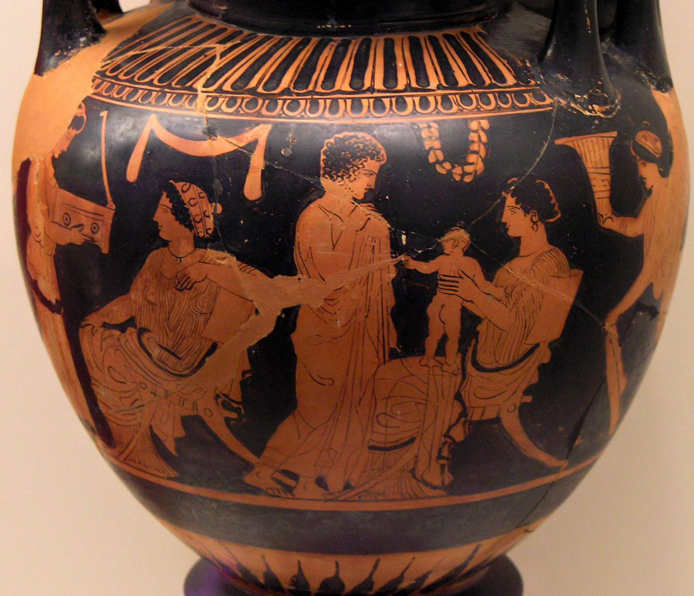 Une scène du gynécée, l'appartement des femmes, sur un vase du Musée national d'Athènes