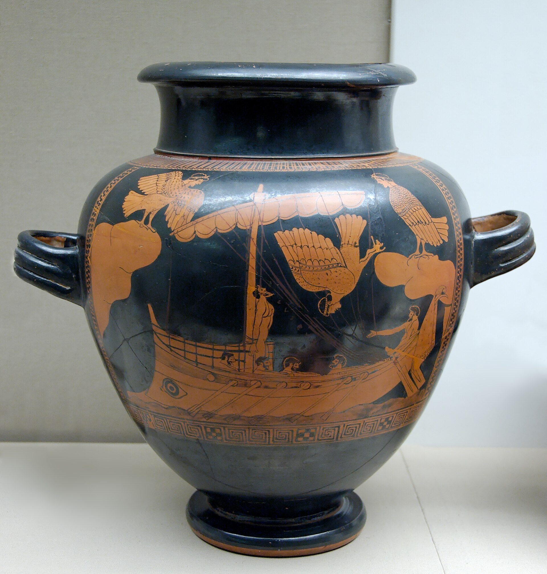 Ulysse attaché au mât de son navire pour résister au chant des sirènes, vase attique vers -480
