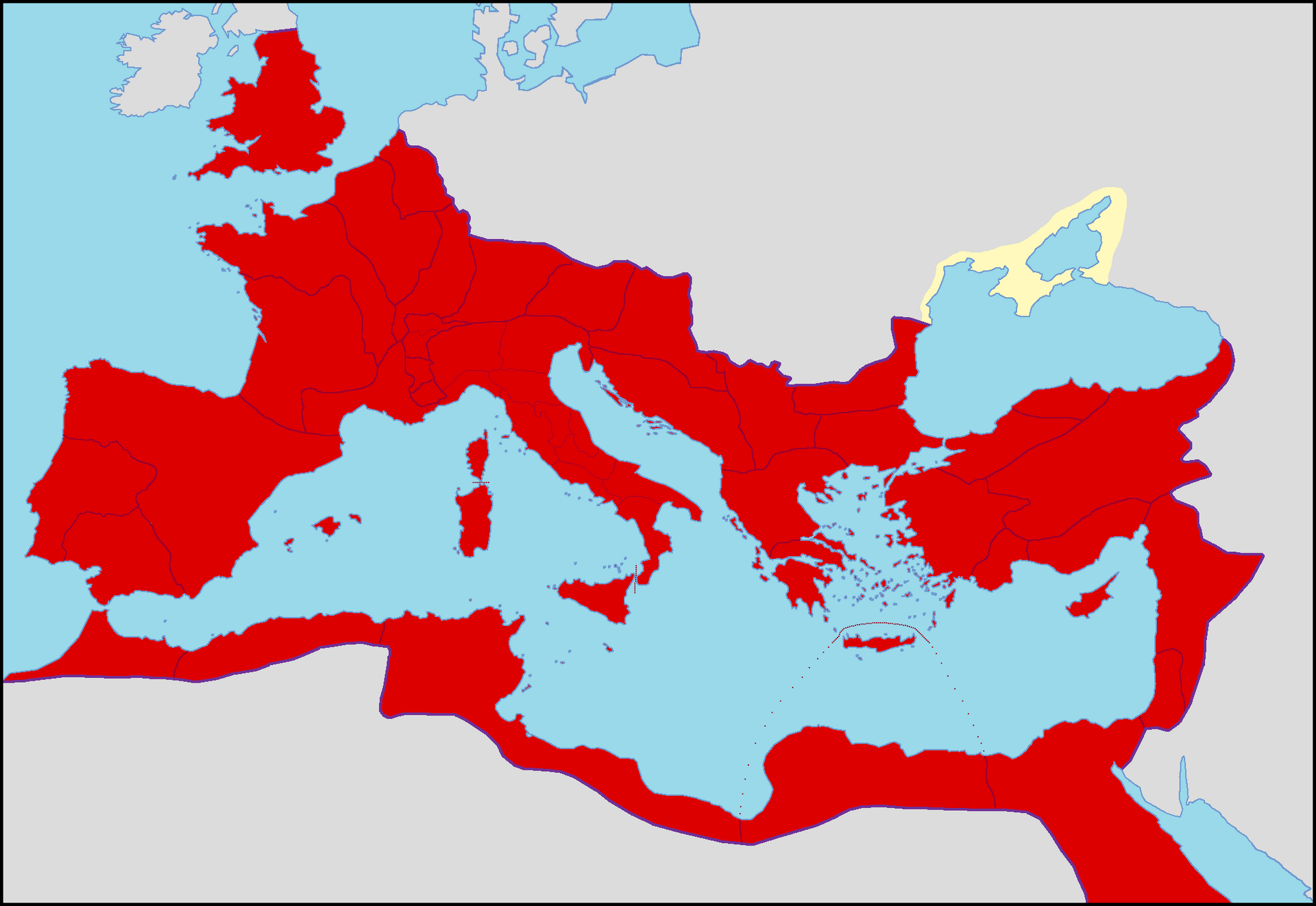 L'Empire romain en 96, encerclant la mer Méditerranée