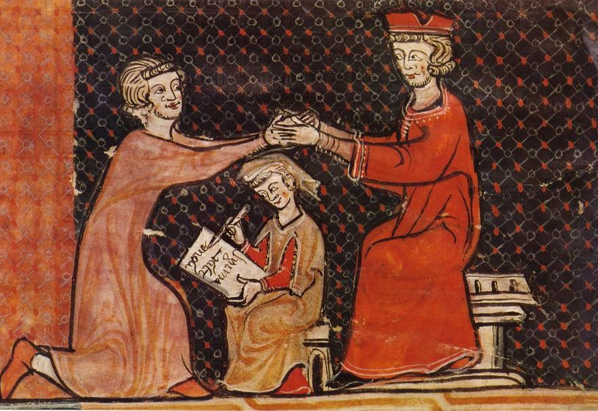 La cérémonie de l'hommage entre un vassal et son seigneur, miniature médiévale