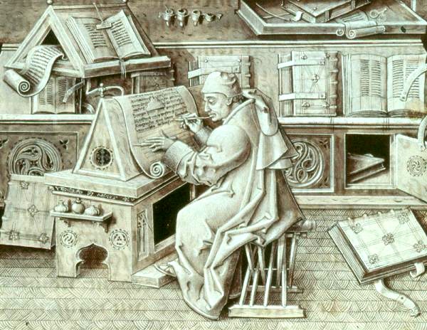 Un copiste au travail dans son atelier, miniature du 15e siècle