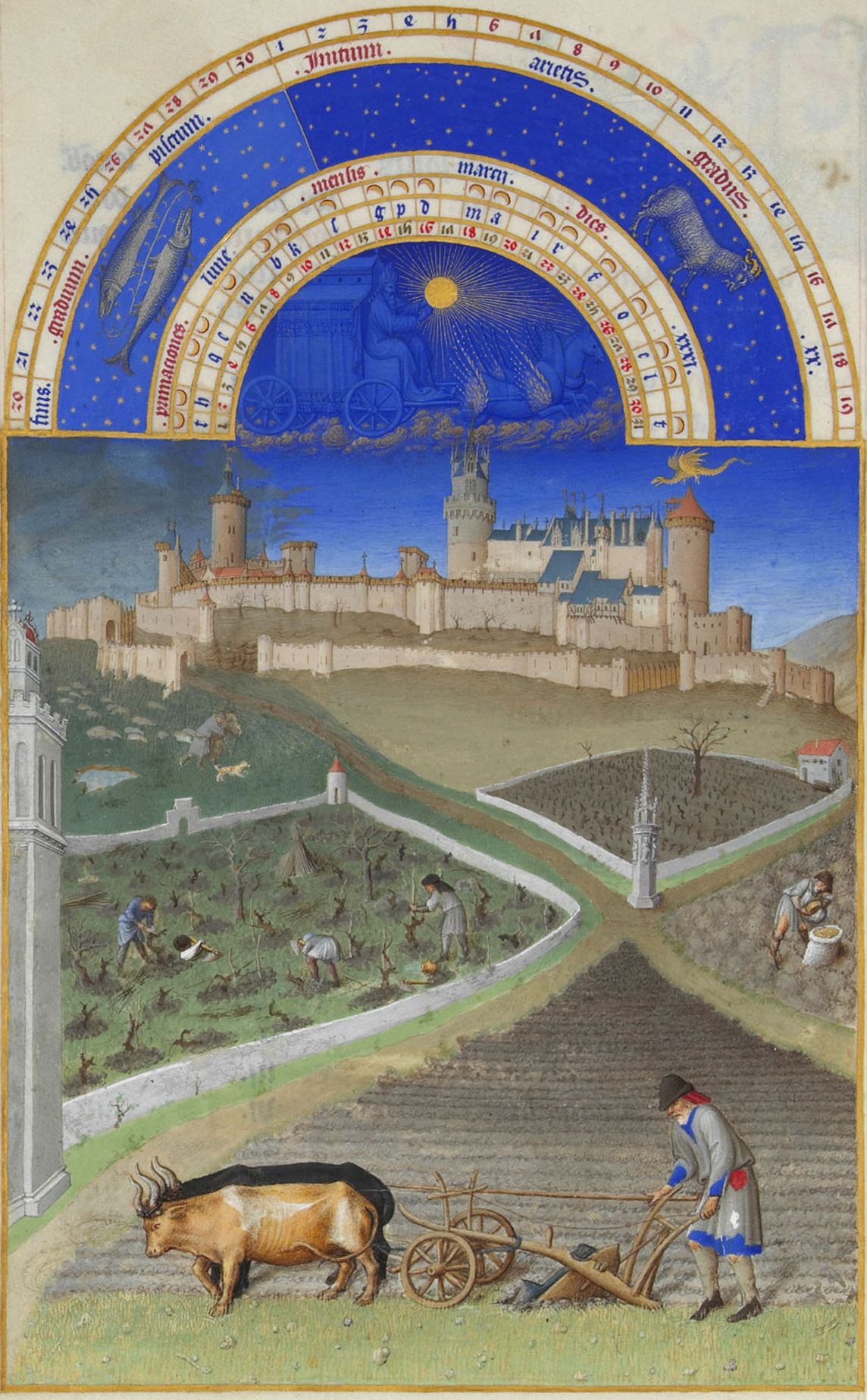 Les travaux des champs au pied du château, miniature des Très Riches Heures du duc de Berry