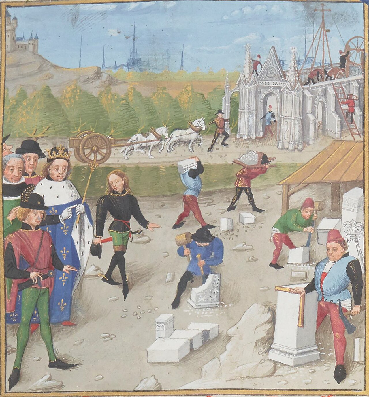Le chantier de la basilique de Saint-Denis visité par le roi Dagobert, miniature médiévale