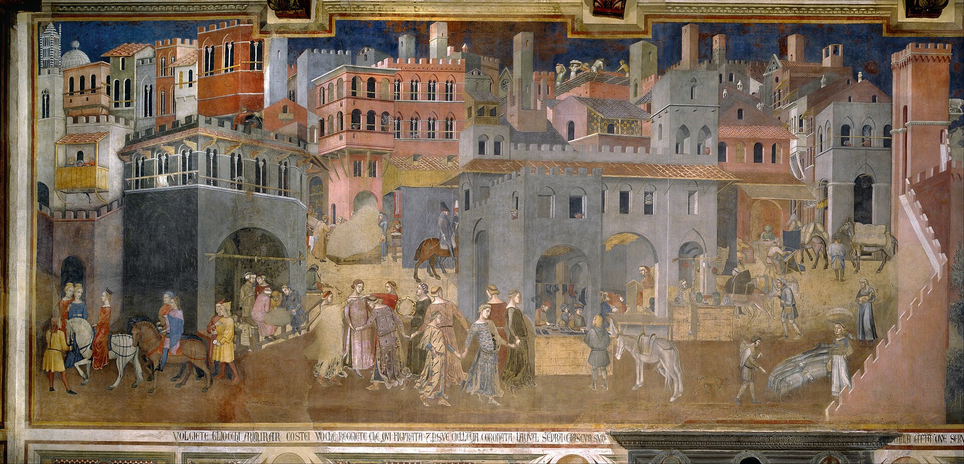 La ville animée des Effets du bon gouvernement, fresque d'Ambrogio Lorenzetti à Sienne (1338)