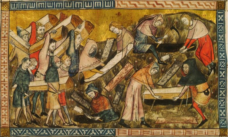 Les habitants de Tournai enterrent les victimes de la peste, miniature de Pierart dou Tielt (vers 1353)