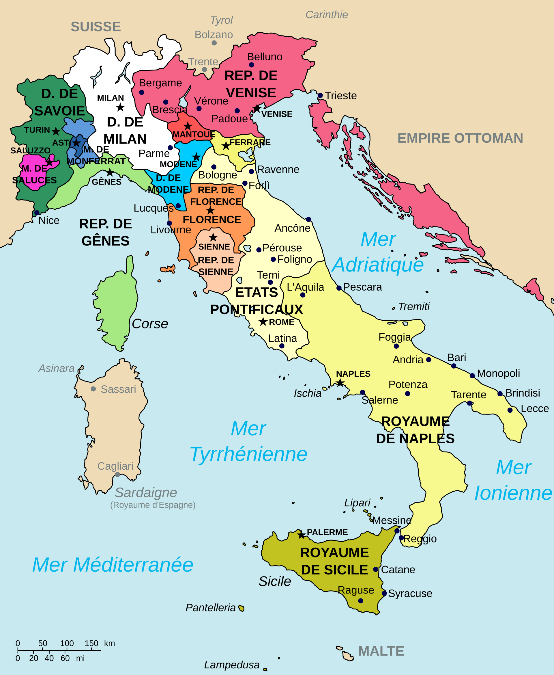 L'Italie en 1494, morcelée en républiques, en duchés et en royaumes