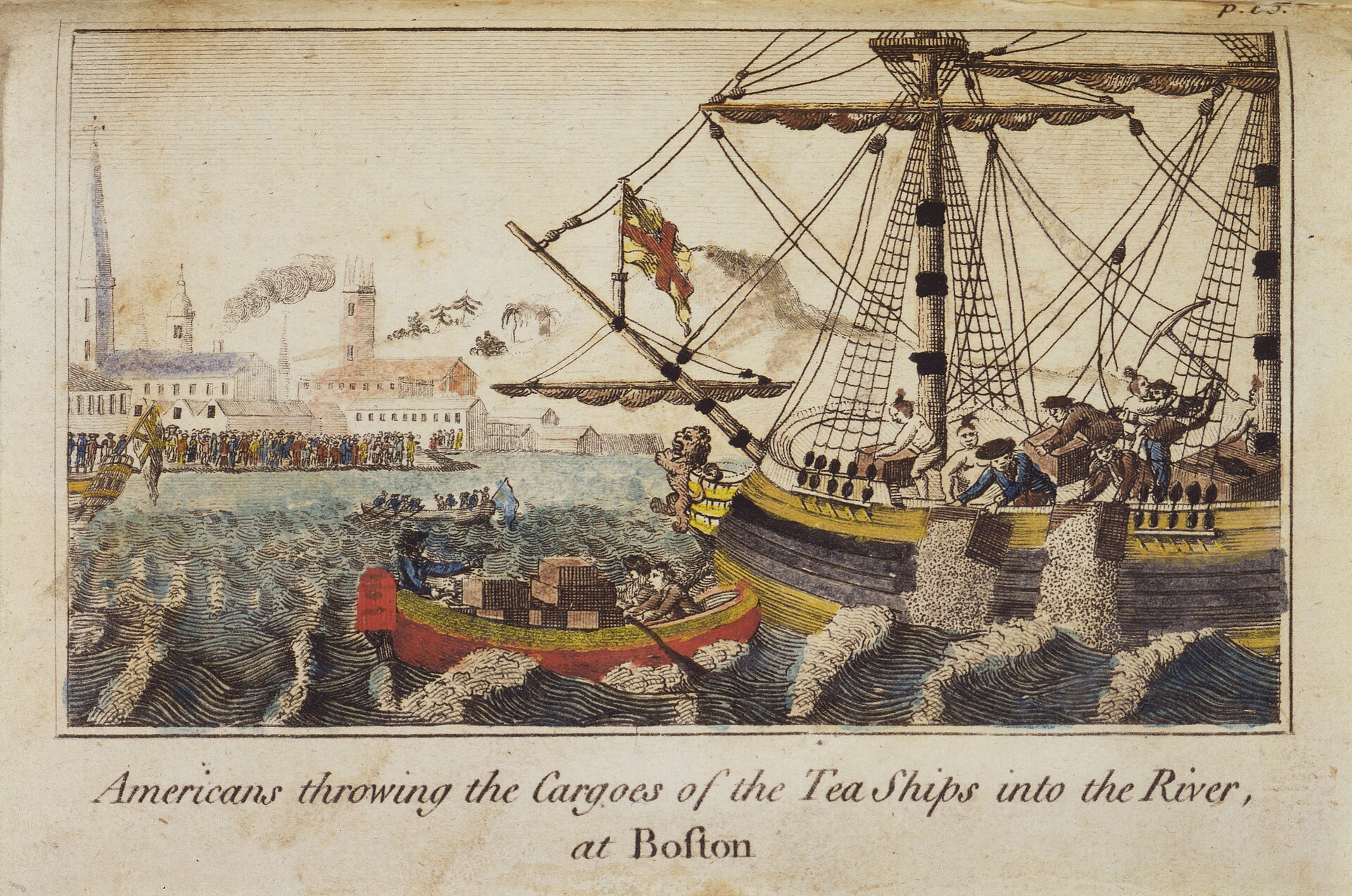 La destruction du thé dans le port de Boston, gravure de 1789