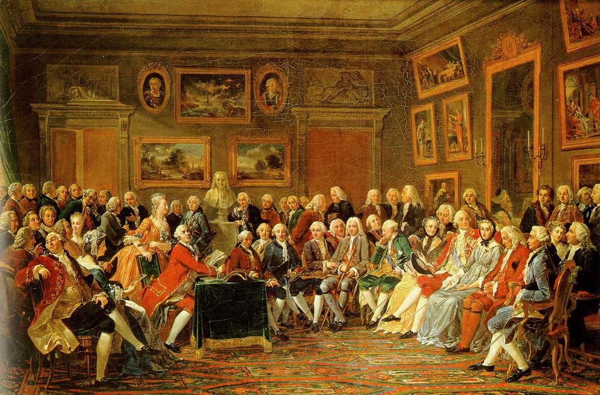 La lecture d'une tragédie de Voltaire dans le salon de Madame Geoffrin en 1755, par Lemonnier