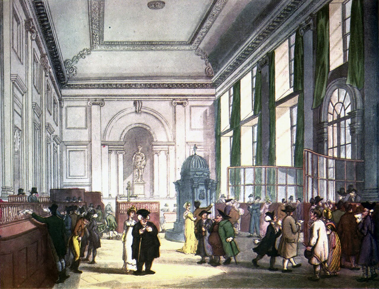 La grande salle de la Banque d'Angleterre, aquatinte de Rowlandson et Pugin, 1808