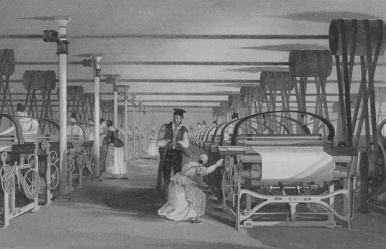 Un atelier de tissage mécanique, gravure d'Edward Baines, 1835