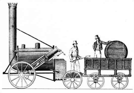 La Rocket, locomotive de Robert Stephenson, dessin du Mechanics Magazine, 1829