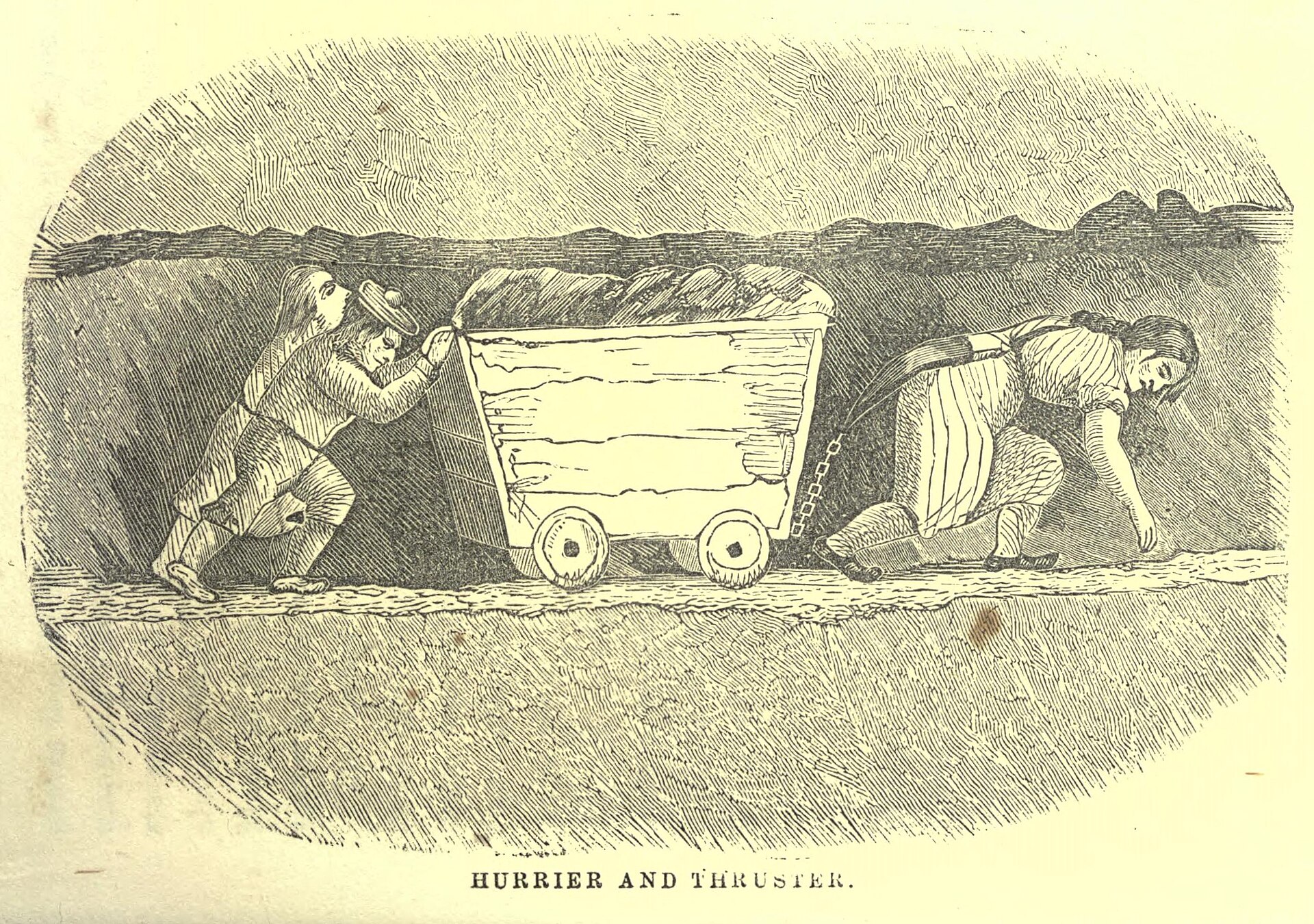 Une hurrier tire une berline de charbon, gravure de 1853