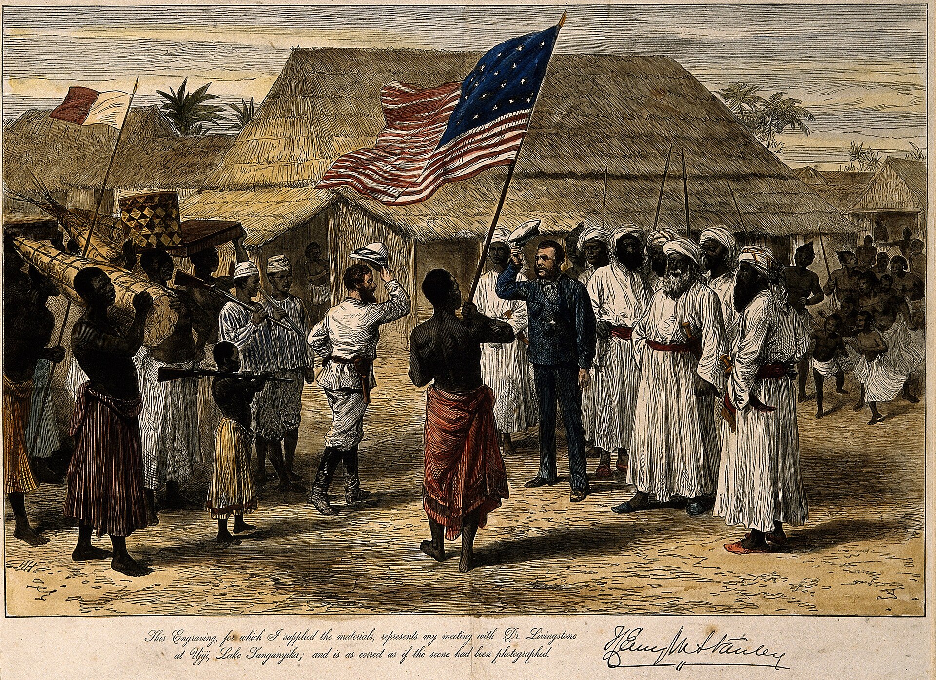 Stanley retrouve Livingstone à Ujiji en 1871, gravure d'époque