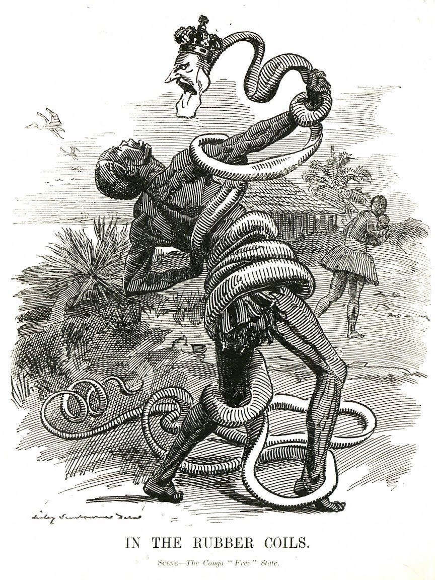 Léopold II en serpent de caoutchouc, caricature de Punch, 1906
